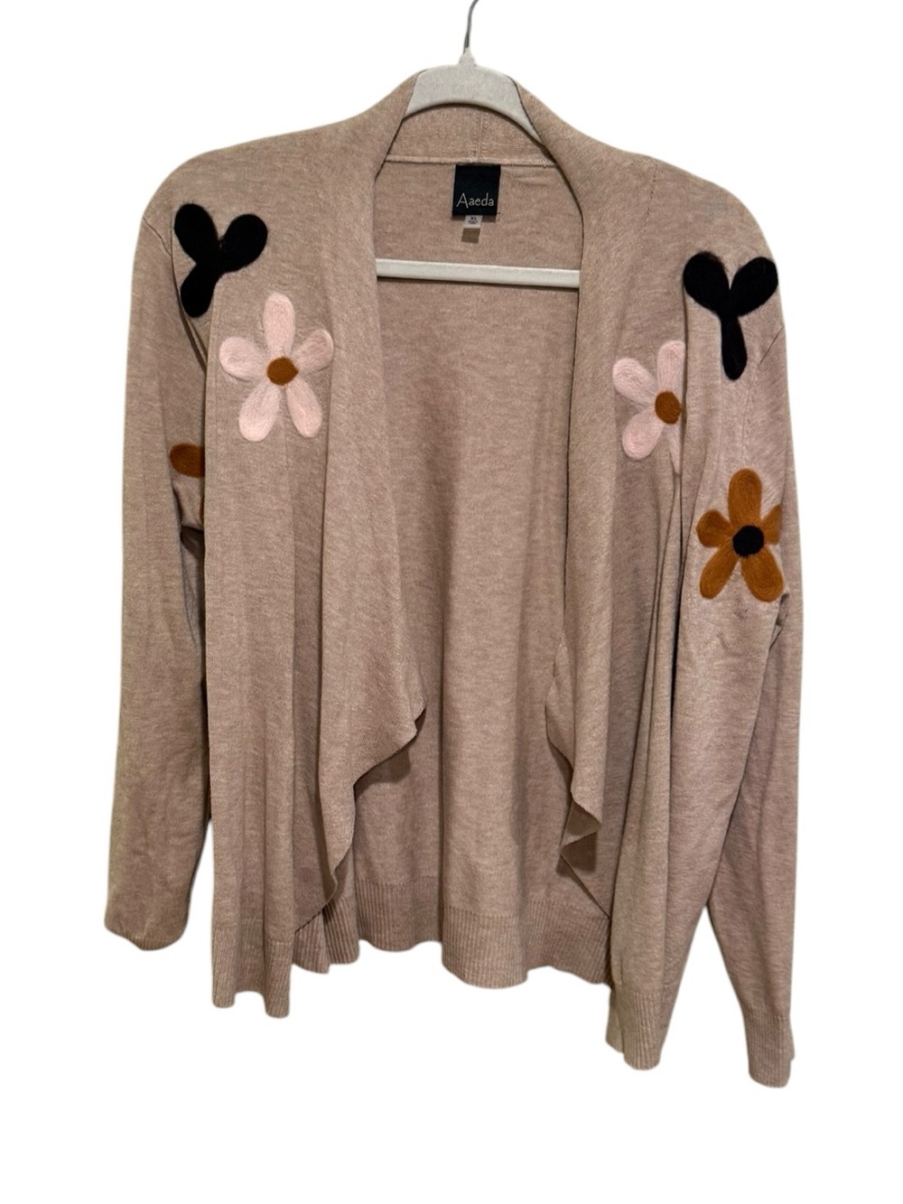 Ariella Taupe Draped Cardigan with Floral Appliqués